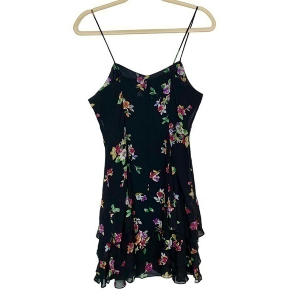 Eileen West black Dark floral vintage 90s mini Tank dress Flirty Tiered Layered